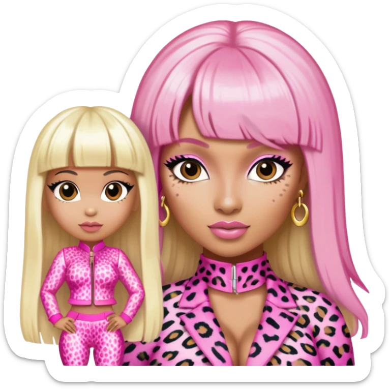 Nicki Minaj in pink and white leopard print outfit with half blonde half pink hair, blonde on left side, pink on right side, with bangs sticker