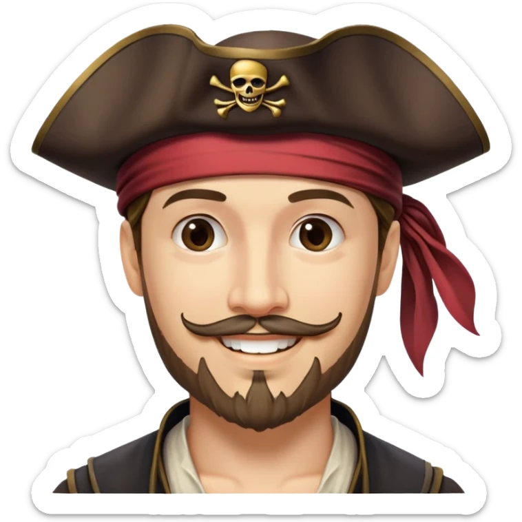 "- Nam
- 30 tuổi
- Da trắng
- Râu quai nón
-  Cướp biển caribe
- Cười tươi, đội mũ cướp biển sticker