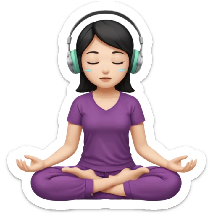 An East Asian woman is sitting cross-legged in a meditation pose, wearing Apple headphones and listening to music. The song is so beautiful that she has her eyes closed and tears streaming down her face. sticker