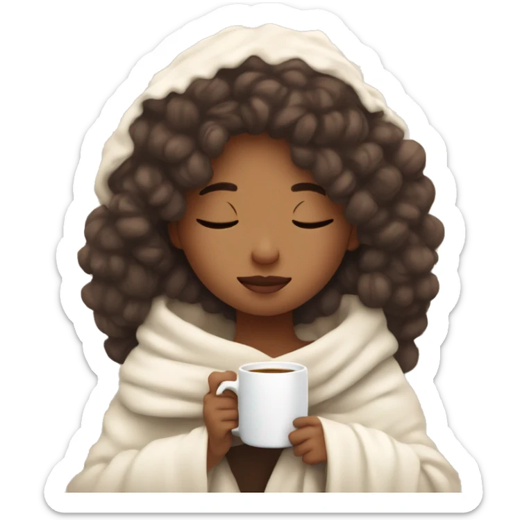 Cozy aesthetic girl wrapped in a white blanket holding a cup of coffe, eyes closed  sticker