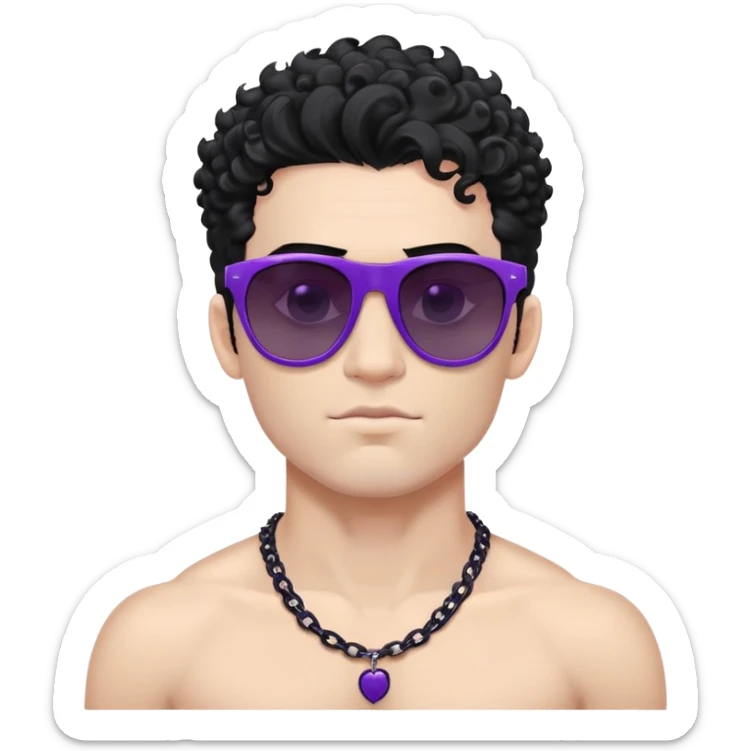 shirtless male athlete with white skin and moderately curly black hair on top with shaved sides, wearing purple sunglasses with very dark heavily tinted black lenses, and a simple plain black chain necklace, no earrings or other jewelry sticker