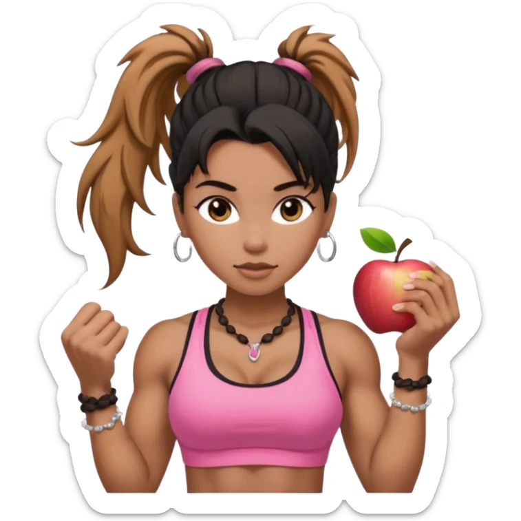 Caramel skinned toned female with a black messy ponytail for hair. Her eyes are a coffee color brown and almond shaped. She’s wearing a pink sports bra and showing off her big muscular toned biceps. She’s not holding anything in her hands but she wears a rosary necklace and an Apple Watch. sticker