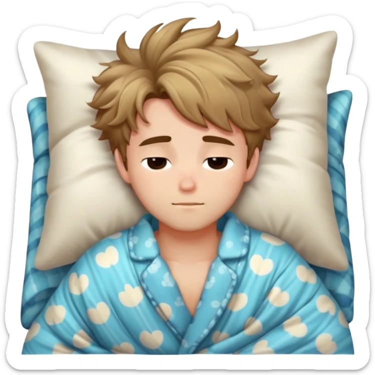 Adorable sleepy boyfriend with messy bed hair, pajama shirt slightly open, cuddling a pillow, cozy blanket, soft lighting sticker