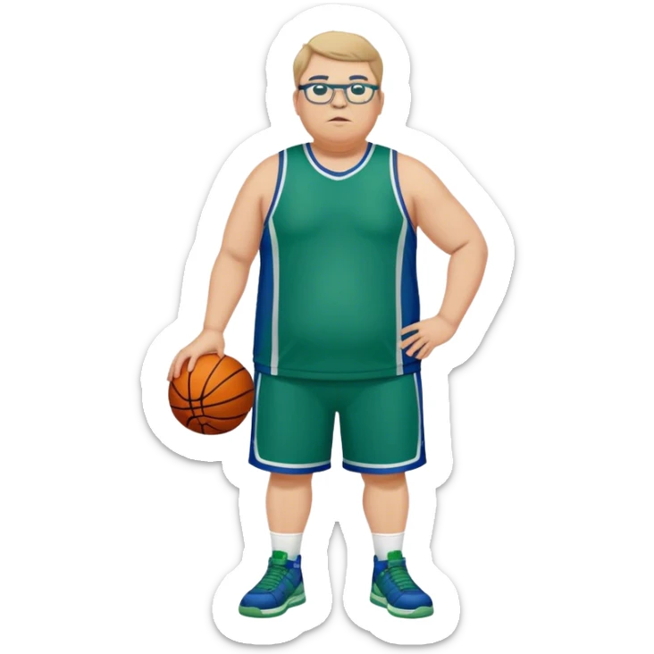 full body overweight tall white male basketball wearing glasses in blue an green uniform sticker