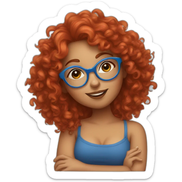 a curvy girl with curly red hair and blue glasses blowing a kiss sticker