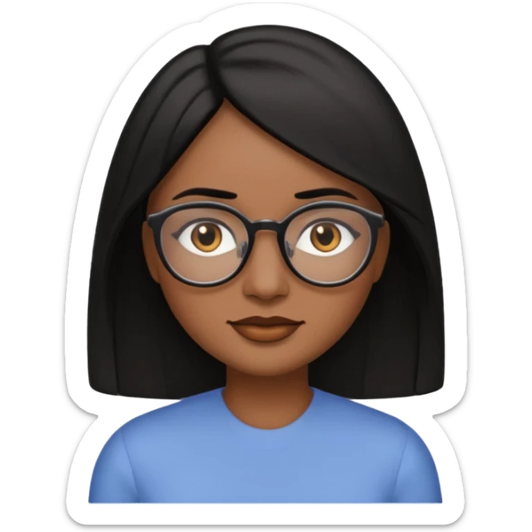 A woman emoji with medium-dark skin, straight shoulder-length black hair parted to the side, an oval-shaped face, arched dark eyebrows, large brown eyes with glasses, a small nose, and natural-toned lips. sticker
