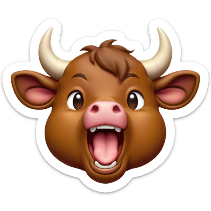 Cinematic Cute Yawning Brown Bull Portrait Emoji, Head tilted slightly with a dramatic, wide-open yawn, showcasing a smooth, rich brown hide with a subtle texture, floppy ears slightly drooping, round dark eyes barely open in drowsy contentment, Simplified yet irresistibly adorable features, highly detailed, glowing with a soft, cozy glow, high shine, relaxed yet expressive, stylized with a touch of rugged whimsy, bright and endearing, soft glowing outline, capturing the essence of a sleepy yet affectionate guardian, so drowsy it feels like it could charge right out of the screen and curl up for a nap! sticker