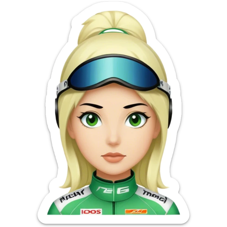 black hair blond skin woman in green racing suit sticker