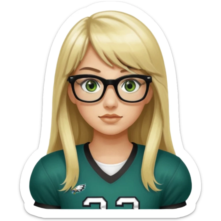 long blonde hair with bangs black rectangle glasses female green eyes football player wearing eagles jersey number 33 holding football sticker