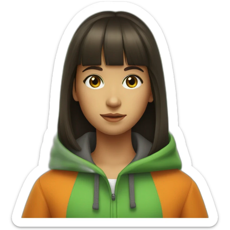 a young girl with slightly tanned skin.  straight bangs and dark hair.  she has bright green eyes and an orange coat sticker
