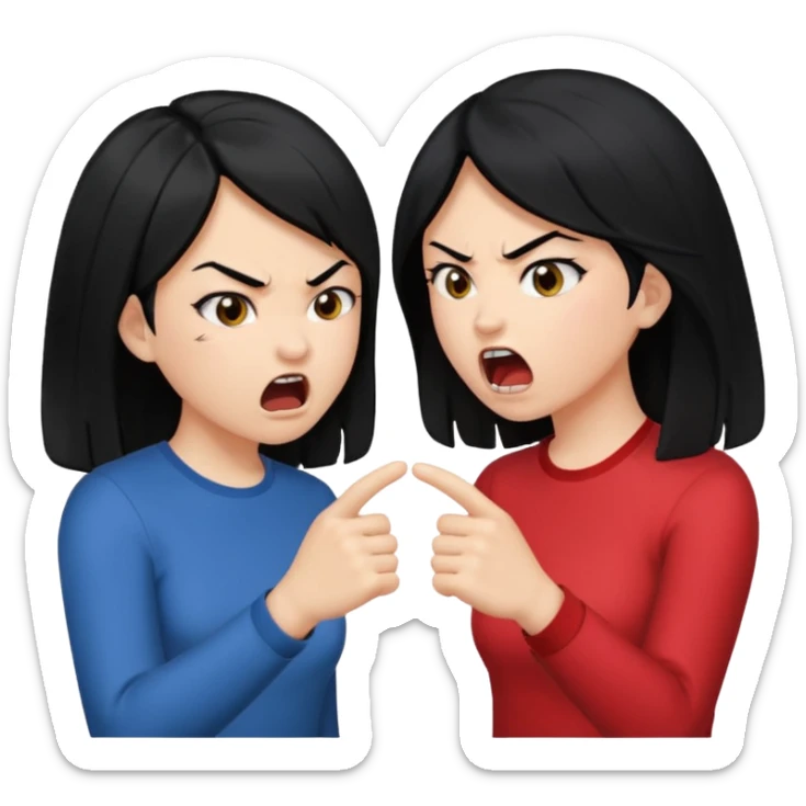 two girls with black hair, facing each other, angry yelling at each other sticker