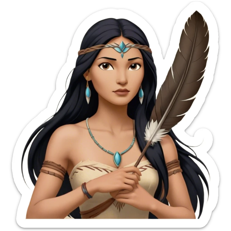 Cinematic Realistic Pocahontas Portrait, depicted with lifelike skin texture, soft natural lighting, and intricately detailed long, flowing raven-black hair that moves gracefully in the wind. Her deep, soulful dark brown eyes exude wisdom and strength, complemented by a serene yet powerful expression. She is shown gently holding a feather in one hand, her other hand resting lightly at her side, embodying the harmonious balance between nature and herself. She is dressed in her classic one-shoulder native American dress, with rich fabric textures and delicate beaded details that catch the light beautifully. The portrait features a soft, sun-kissed glow with a natural, radiant finish, capturing the essence of untamed beauty and deep connection to nature in a realistic and painterly style, evoking a sense of depth and authenticity. sticker