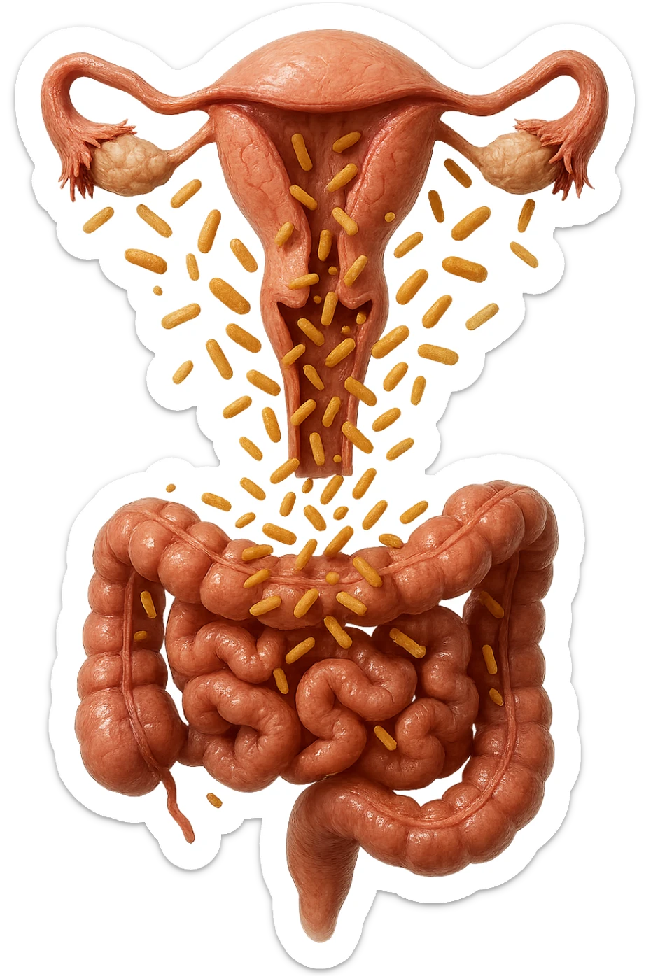 UTERO UMANO E INTESTINO ANATOMICI REALISTICI SONO UNO SOPRA ALL'ALTRO E SI PASSANO I BATTERI A VICENDA, CON BATTERI CHE ESCONO DALL'INTERNO, IPERREALISTICO 4K, NON DISEGNATO sticker