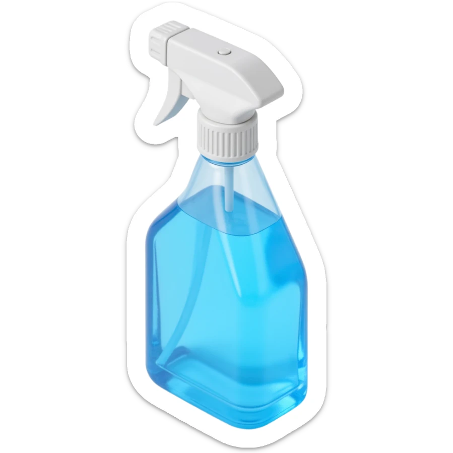 skeuomorphic 3D window cleaning spray bottle, photorealistic, transparent bottle, blue spray, light reflections sticker