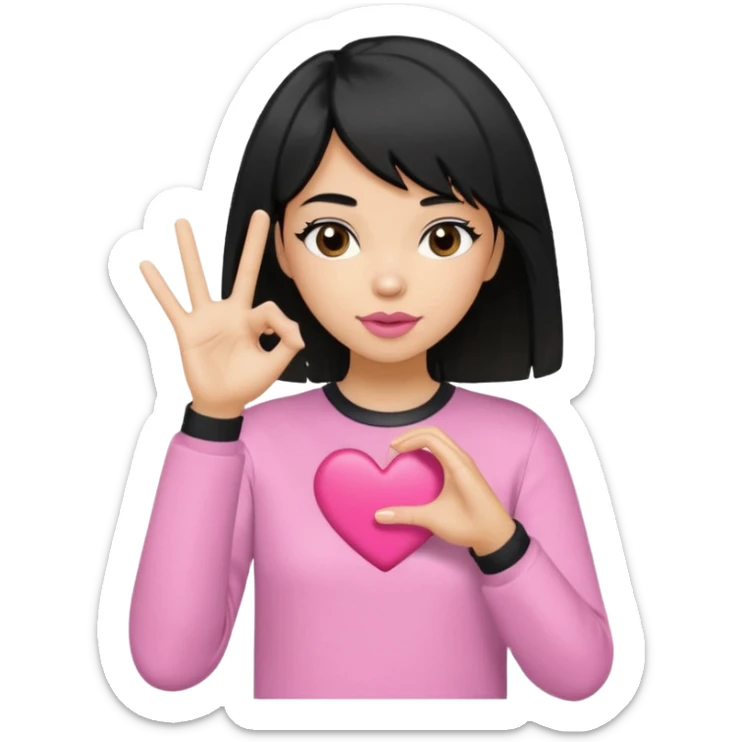 Black shaggy hair cut with blonde chunky highlights wearing pink lipgloss and a grey shirt doing a heart hand pose 🫶 sticker