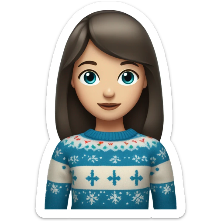 A girl with bangs of dark brown hair and blue eyes in a Christmas sweater sticker