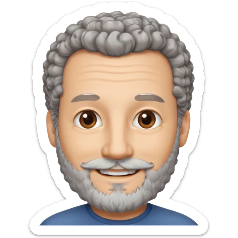 Illustrated emoji of a middle aged man with receding grey curly hair, brown eyes, white skin and a beard sticker