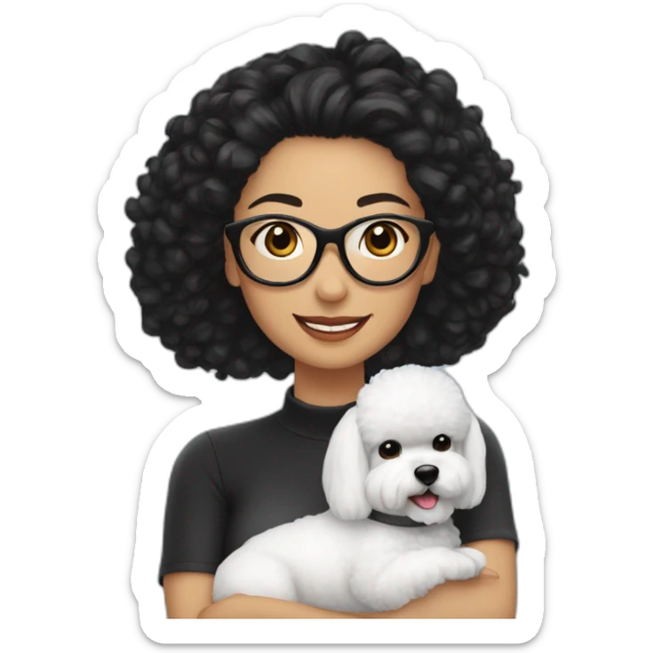 woman-black-hair-bun-with glasses-with bichon dog-white-smile-Christmas sticker