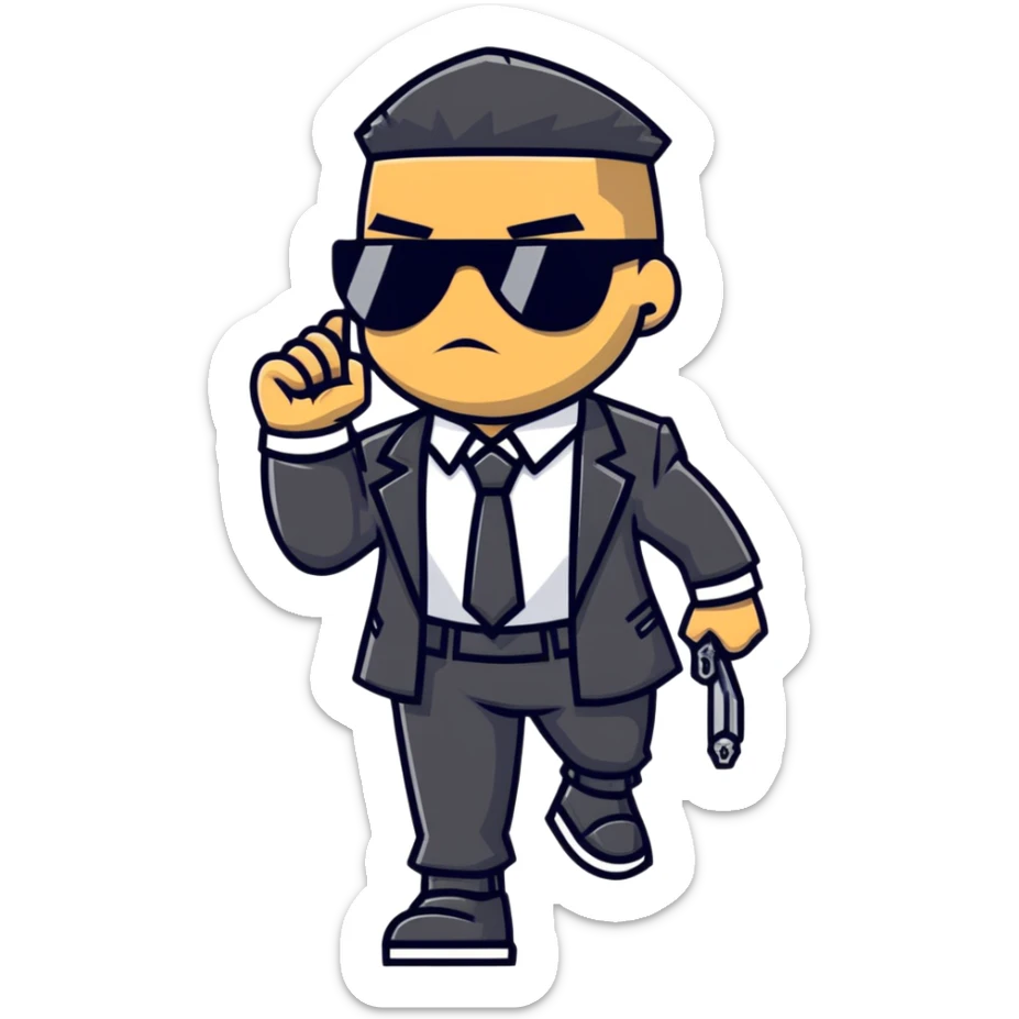 A gangster character walking with sunglasses and a power outfit in an alley, showcasing their gangster and combative nature sticker