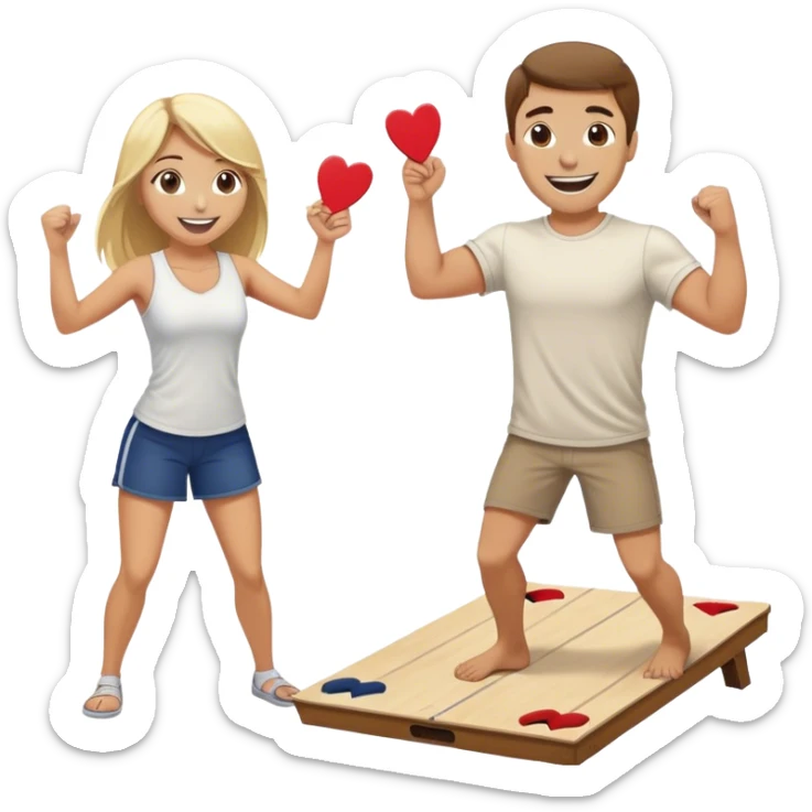 Fit man with brown hair playing cornhole with a blonde hair girl cheering him on sticker
