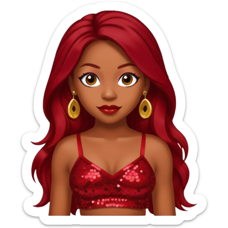 LaTavia Robeson with dark red long hair, red sequin crop top, red earring sticker