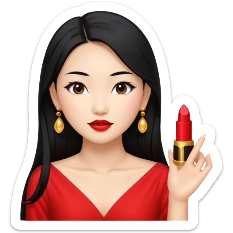 30 yr old asian woman, middle parted straight long black hair, very pretty, fancy dress, earings, red lipstick sticker