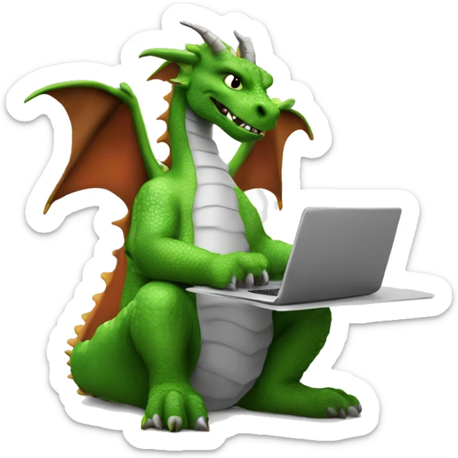 real life dragon with wings, working on a laptop, wearing a shirt with the words hump day on it, with a cup of coffee in his right hand sticker