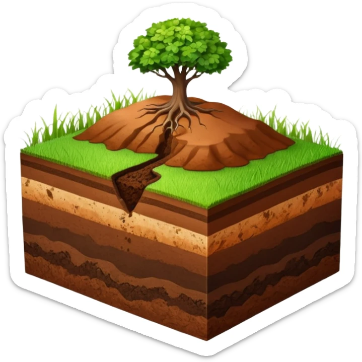 A 3D cartoon cross-section of soil layers with green grass on top, visible brown earth textures, clean white background, smooth and detailed Memoji-style. sticker