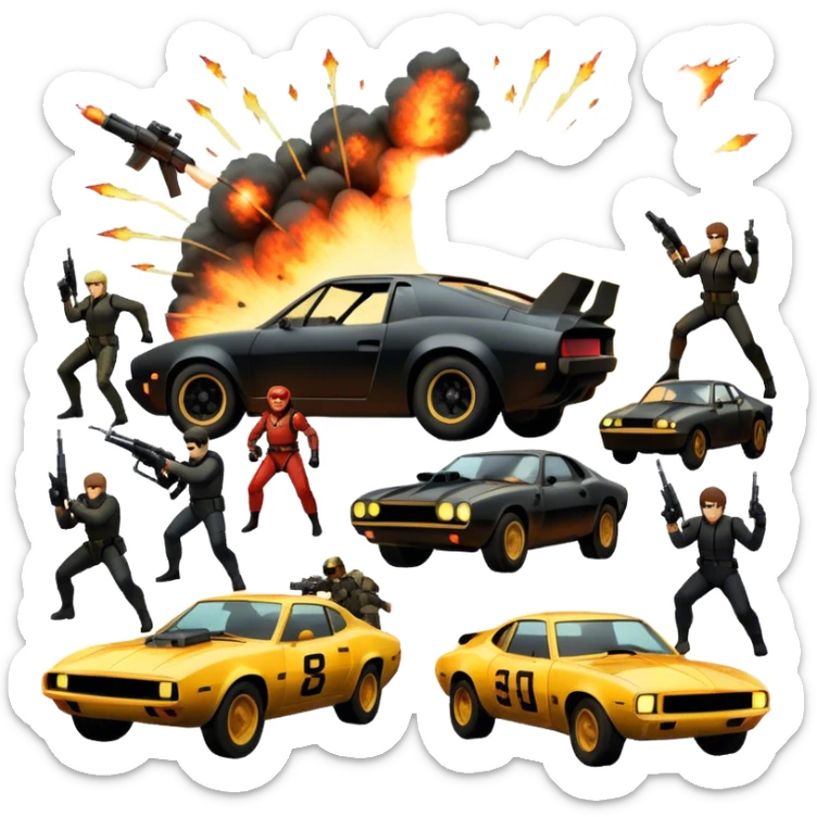 Photorealistic Icon for Action Movies: Dynamic collage of iconic action movie scenes featuring explosions, fast cars, combat, and weapons. Include silhouettes of famous action heroes, dramatic lighting, and a sense of high-octane energy. Transparent background. sticker
