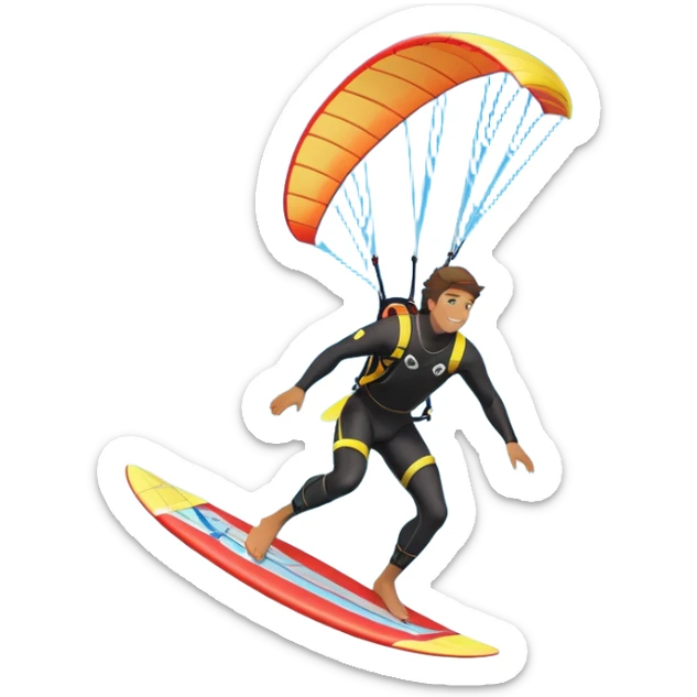An athlete in a wetsuit, gliding above the waves on a kiteboard, holding onto a paraglider in the sky. The backdrop features a vibrant blue sky and rolling ocean waves, capturing the thrill and skill of the sport with a sense of freedom and adventure. sticker