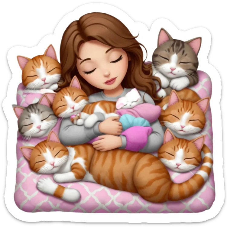 girl with long wavy brown hair, brown eyes, long lashes makeup, sexy pink lips, light to medium complexion,  sleeping on a cozy pillow, with 6 cats: 1 brown and white tabby cat, 1 ginger and white, 2 grey and white, 1 grey with white mittens and small white patch on chest and 1 calico, sleeping sticker