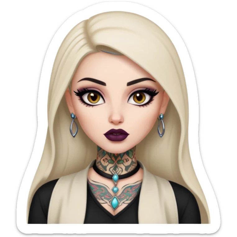 arabian, pretty lips, clothes, very pale tattoed skin,  dark brown eyes, pretty bratz baddie, black eyeliner sticker