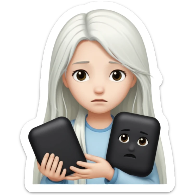A girl with long white hair is sad and holds a black in her hands sticker