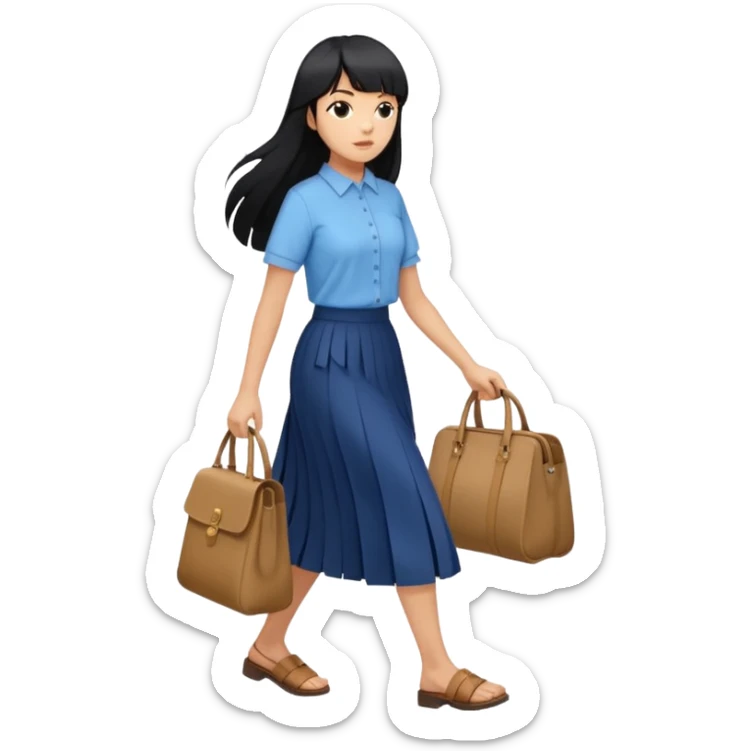 hair : black long hair with fringe 
skin : light 
cloth : oversize light blue shirt + navy long long skirt 
motion : walking without bag  sticker