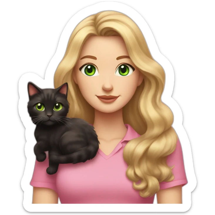 woman with green eyes and long wavy blonde hair in a pink shirt is holding a very fluffy and fat black and tortoiseshell cat sticker