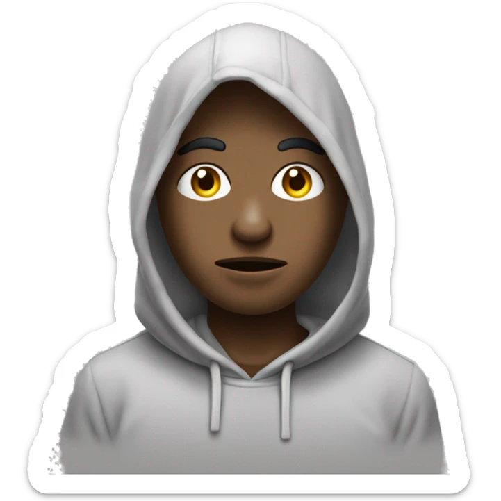 Un emoji avec un sweat à capuche gris, des yeux grands et inquiets, et une bouche tombante, exprimant tristesse ou regret. sticker