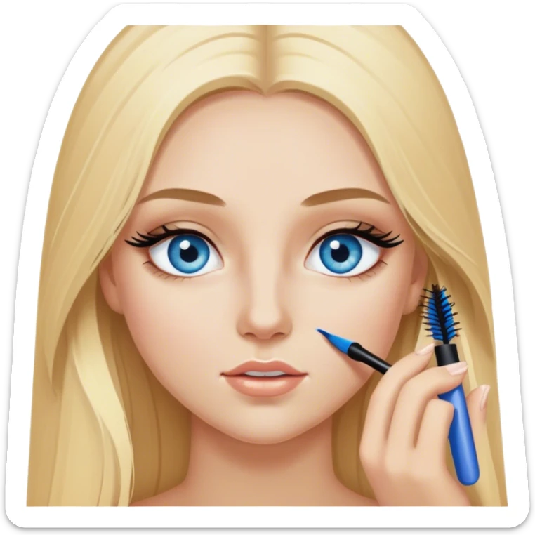 Cinematic realistic blonde with long hair, blue eyes with mascara in her hands sticker