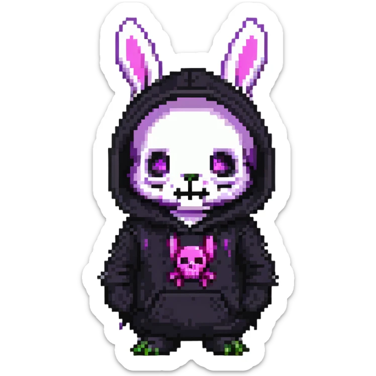 Kuromi character, purple bunny with a black hood and pink skull sticker