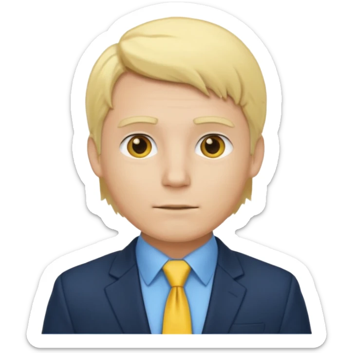 consulting man with hand with white skin and blonde hair with blue shirt and yellow tie and black blazer sticker