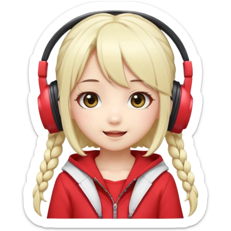 Cute kawaii emoji-style Japanese K-pop singer girl, long platinum blonde hair in twin tails, red outfit, headset mic on cheek, Japanese K-pop idol vibes, big sparkling eyes, chibi proportions, clean lineart, pastel colors, cheerful idol smile, sticker/emoji style, transparent background sticker