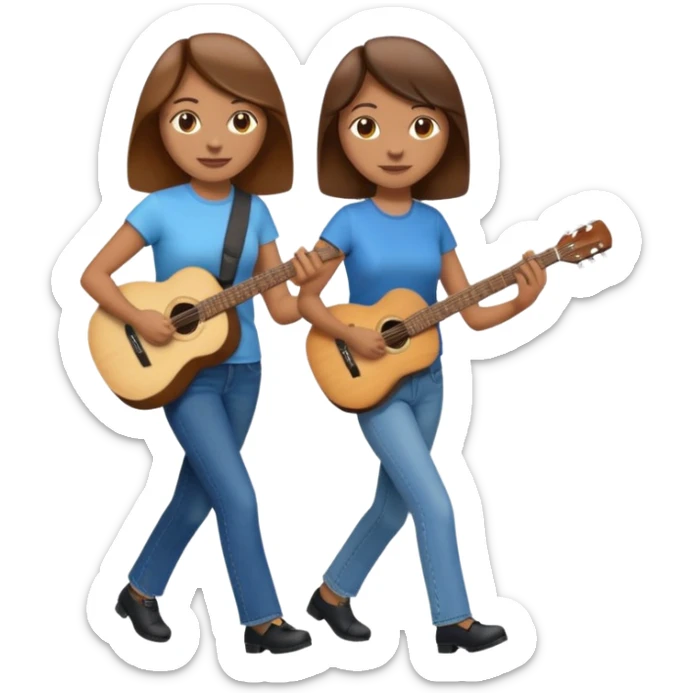 based on emoji style, two people walking together. one is brown-haired woman, wearing business casual, holding a guitar. Another one is a non-binary person, wearing t shirt and jeans, and the second person doesn't have anything on their hands. sticker