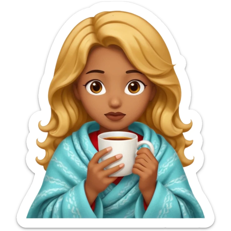 cute and sexy brown skin girl, golden wavy hair, sexy face expression, feeling sick, nose is red due to sickness, covered by blanket, holding tea mug in hands sticker