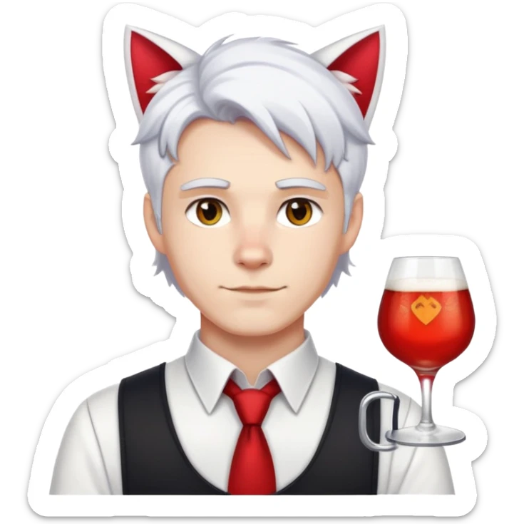 a white man in a bartender's uniform with white hair, the ends of his hair in red and white cat ears sticker
