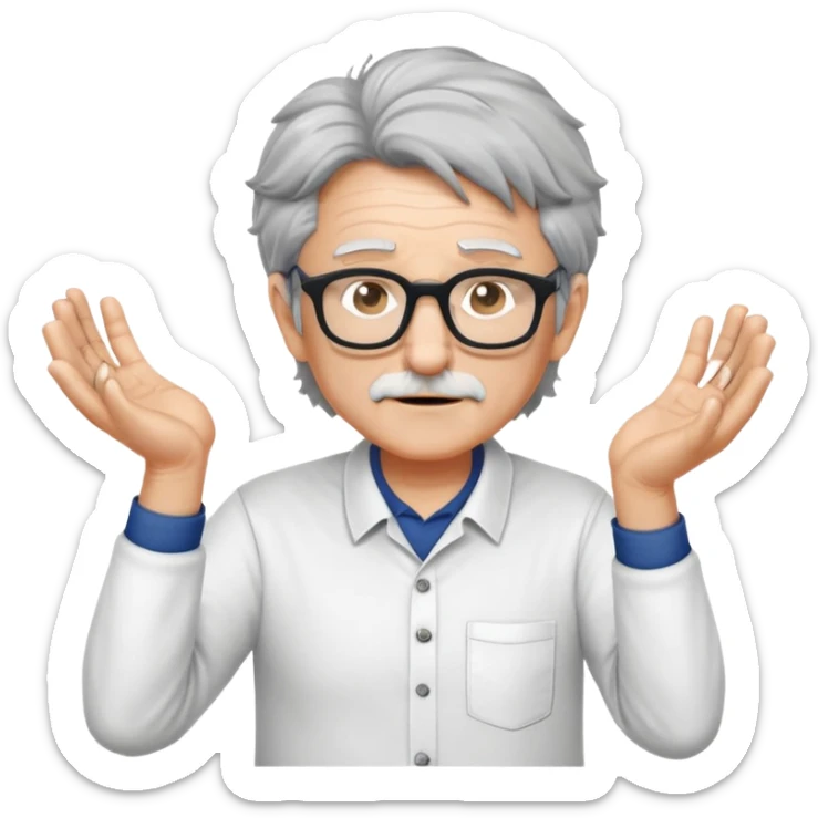 older professor with salt-and-pepper hair and glasses wearing shirts, no mustache, with hands positioned as if grabbing an invisible rugby ball sticker