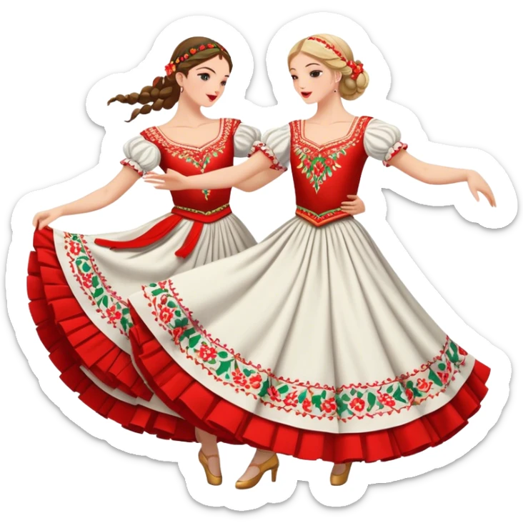 Cinematic Realistic scene of two dancers performing the Tarantella, dressed in vibrant, flowing traditional costumes with detailed embroidery and dynamic skirts, captured in festive motion with warm, lively lighting sticker