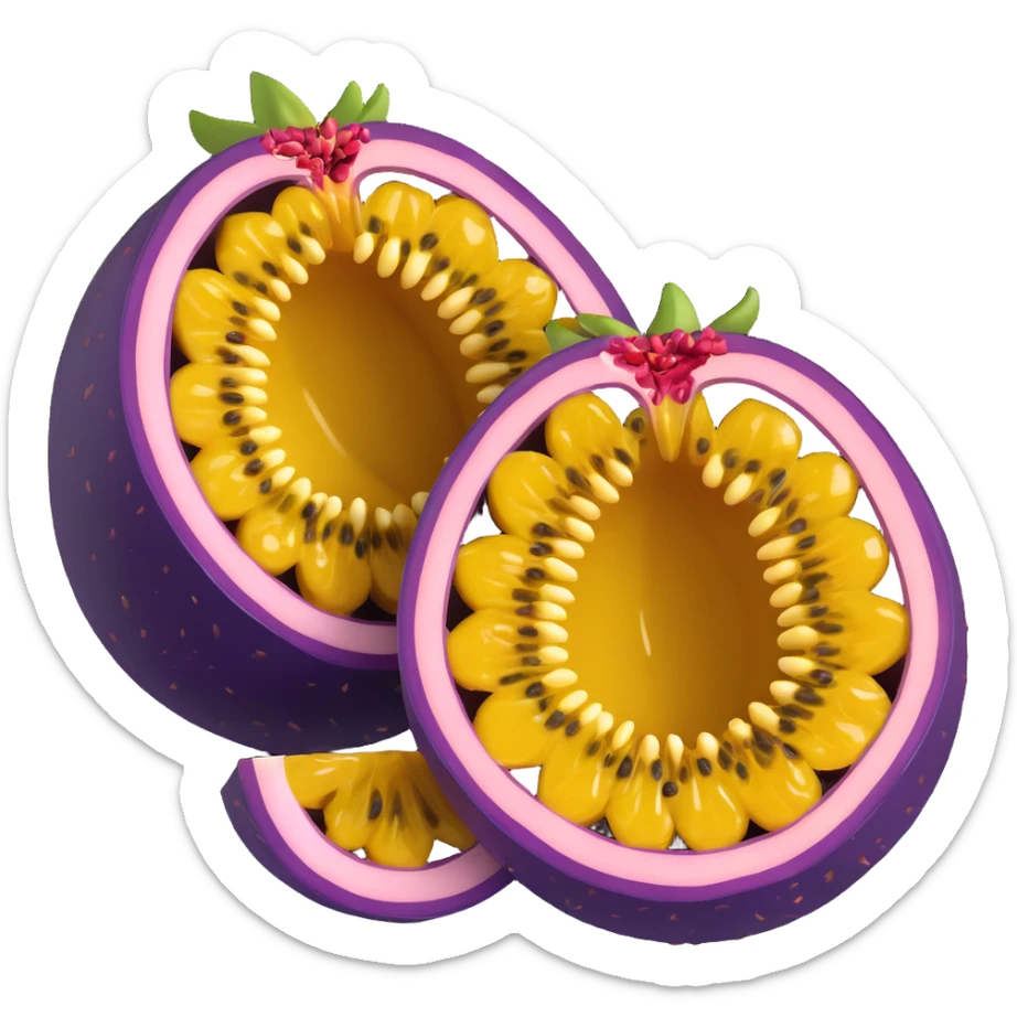 a passion fruit sliced in half, showing yellow seeds, purple skin, fresh and appetizing sticker