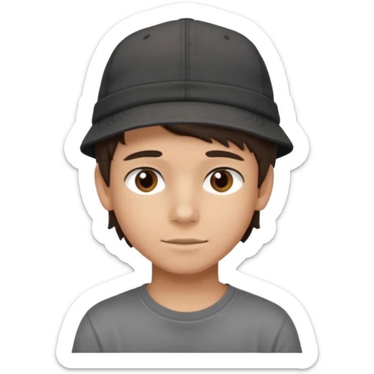 Create a teen boy wearing a faded black T-shirt. He will have brunette hair, tan skin, and dark brown eyes. He is wearing a gray hat turned backwards. sticker