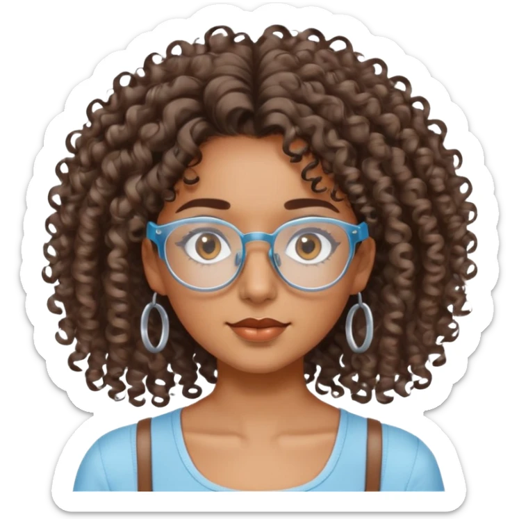 Chica morena cabello crespo con lentes transparentes y ojos cafés y blusa  de tiras color azul claro. sticker
