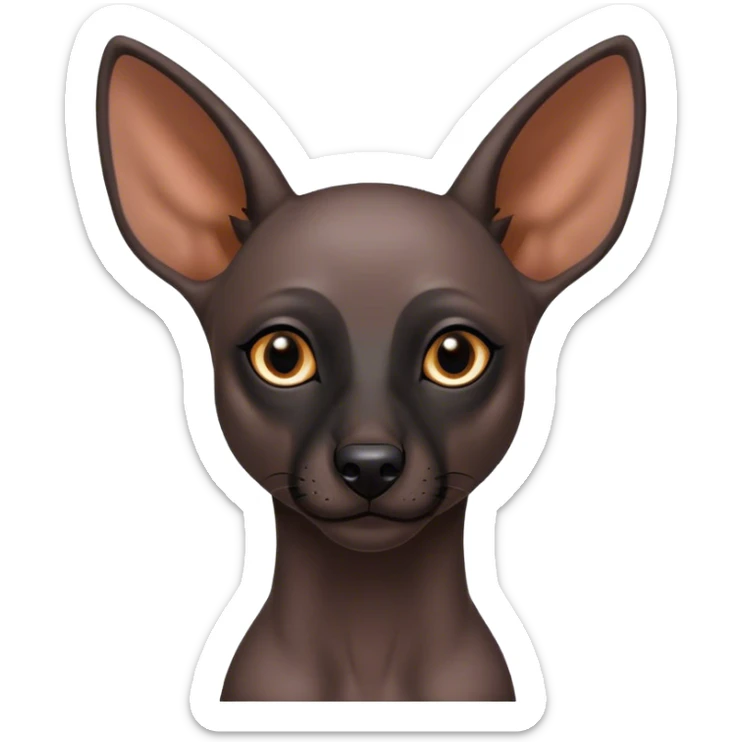 Cinematic Noble Xoloitzcuintle Portrait Emoji, Poised and regal, with a sleek, muscular build and smooth, hairless ebony skin accented by subtle wrinkles, deep-set soulful dark eyes, Simplified yet sharp and sophisticated features, highly detailed, glowing with a soft, dignified glow, high shine, intelligent and loyal, stylized with an air of ancient grace, focused and attentive, soft glowing outline, capturing the essence of a watchful and confident guardian, so majestic it feels as though it could stride out of the screen with effortless authority! sticker