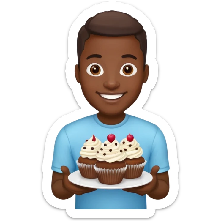 Cartoon of a very large smiling African American man holding cupcakes sticker